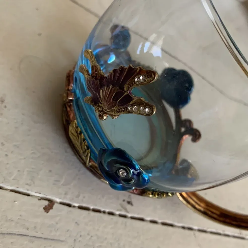 ARC of France Clear Glass Cup Mug Enamel Floral Butterfly With Clear Stone